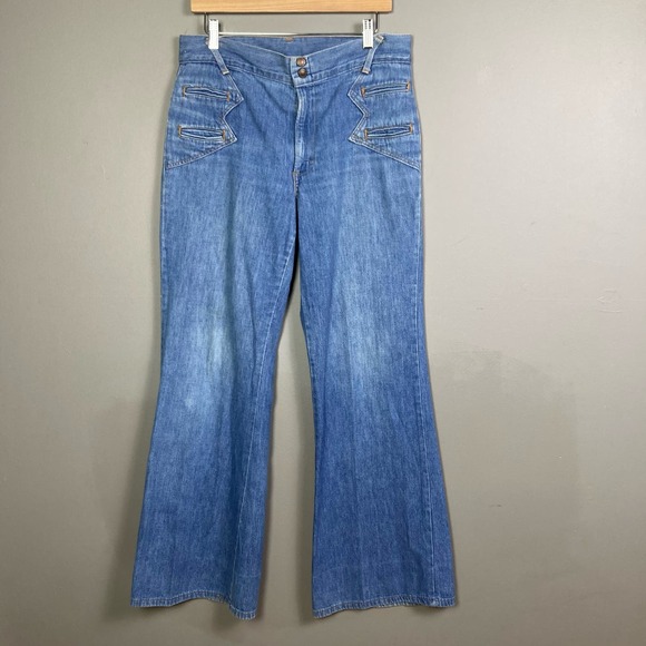 VTG H.I.S Flare Boot Cut Jeans Womens 33" Blue High Rise Contrast Stitching 70's
